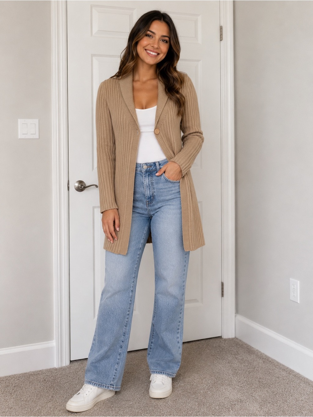 525 America Ribbed Knit Long Cardigan Shawl Collar Camel Button Front Size M